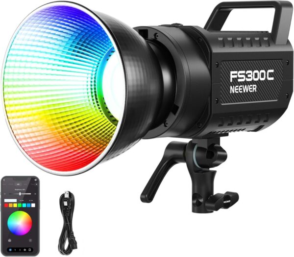 20973433029f43a5b86a32083a29e413 130W RGB LED Video Light APP/2.4G Control 17 Effects, 2500-7500K 19800lux/1m COB Continuous Lighting Output with CRI97/TLCI98 4 Dimming Curves, Spotlight for Studio Shoots, FS150C