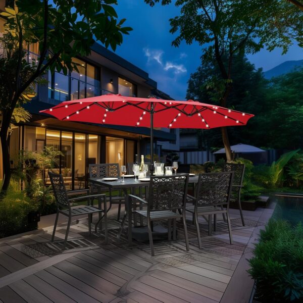 211f0b47257f4f08ae1f742280d85747 15 ft Large Patio Umbrella with Solar Lights Double-Sided Outdoor Rectangle Market Umbrellas with 36 LED Lights/Base Included/Easy Crank for Patio Garden Yard Pool Lawn, Brown