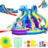 11-in-1 Inflatable Water Slide & Dolphin Bounce House w/2 Long Slides, 19.7 Ft x 13.1 Ft Extra Large Waterslide Climbing Wall w/Small Deeper Pool,Water Cannons,Hoop for Kids Backyard,550W Blower