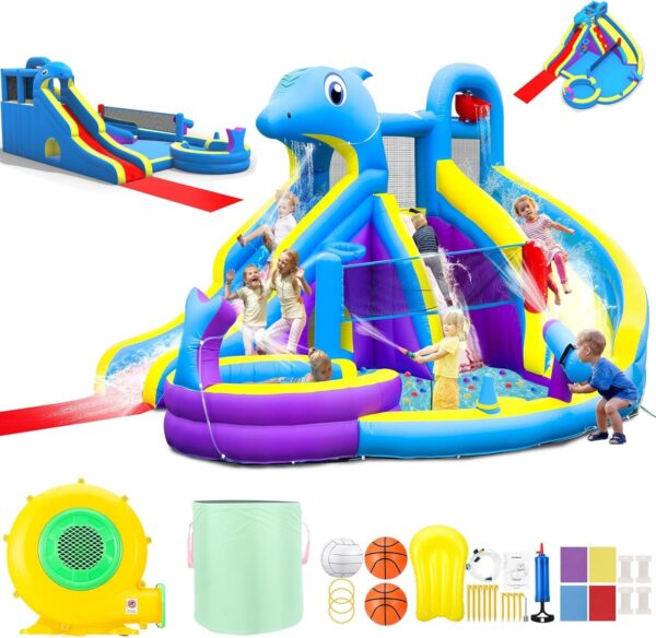 212df841db7b4b7a93cbafbfc4a40362 11-in-1 Inflatable Water Slide & Dolphin Bounce House w/2 Long Slides, 19.7 Ft x 13.1 Ft Extra Large Waterslide Climbing Wall w/Small Deeper Pool,Water Cannons,Hoop for Kids Backyard,550W Blower