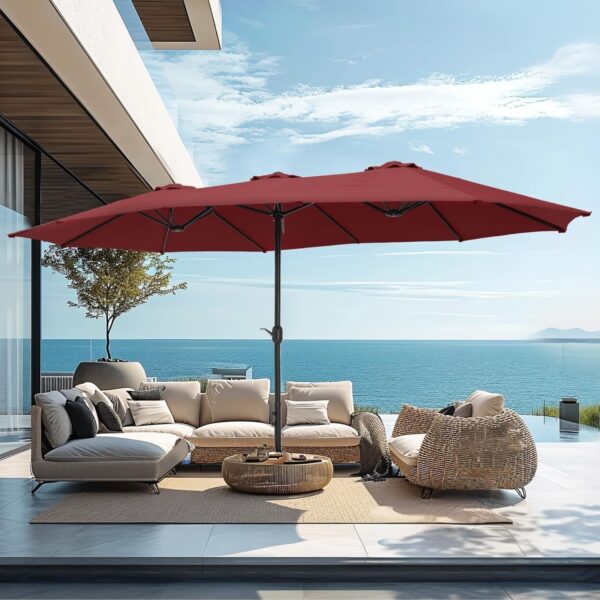 21a573aa76ce4cbc9679e74d964dcc31 15ft Patio Umbrella Double-Sided Outdoor Market Extra Large Umbrella with Crank, Umbrella Base Included (Dark Red)