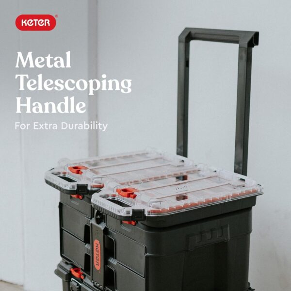 Keter Stack-n-Roll Modular Tools Organizer for Garage Storage and DIY, 3 Piece Resin Rolling Tool Box System for Small Parts