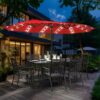 15 ft Large Patio Umbrella with Solar Lights Double-Sided Outdoor Rectangle Market Umbrellas with 36 LED Lights/Base Included/Easy Crank for Patio Garden Yard Pool Lawn, Brown