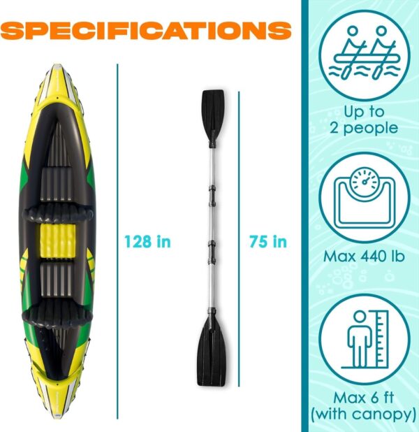 KP Inflatable Kayak 2 Person with Sun Canopy (Detachable) + Kayaks for Adults + 3rd Seat for Dog/Child + Waterproof Phone Bags + Adjustable Seats + Kayak + Backrests & More + New 2024 + Yellow Green