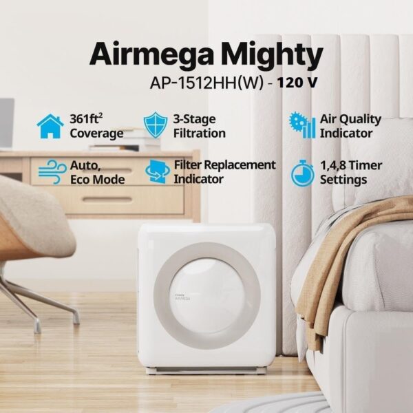 Airmega AP-1512HH(W) True HEPA Purifier with Air Quality Monitoring, Auto, Timer, Filter Indicator, and Eco Mode, 16.8 x 18.3 x 9.7, White