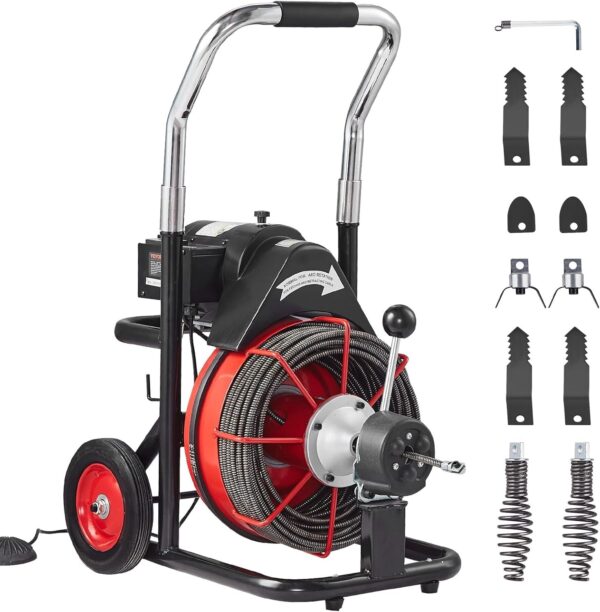 233764fd42ab4795adf8734fa3cc4e40 VEVOR Drain Cleaner Machine 100FT x 1/2 Inch, Auto Feed Sewer Snake Auger on Wheels, 550W Portable Drain Cleaning Machine with 8 Cutters & Air-activated Foot Switch for 2′′ to 4′′ Pipes