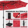 15 ft Large Patio Umbrella with Solar Lights Double-Sided Outdoor Rectangle Market Umbrellas with 36 LED Lights/Base Included/Easy Crank for Patio Garden Yard Pool Lawn, Brown