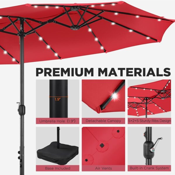 237d264393d44a519102b1dcd6e0f7b9 15 ft Large Patio Umbrella with Solar Lights Double-Sided Outdoor Rectangle Market Umbrellas with 36 LED Lights/Base Included/Easy Crank for Patio Garden Yard Pool Lawn, Brown