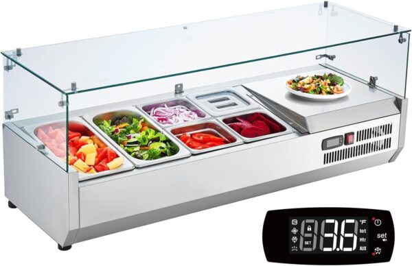 243e636ed4be423daf6ca6142344d70a Refrigerated Condiment Prep Station, 135 W Countertop Refrigerated Condiment Station, with 2 1/3 Pans & 4 1/6 Pans, 304 Stainless Body and PC Lid, Sandwich Prep Table with Stainless Guard, ETL