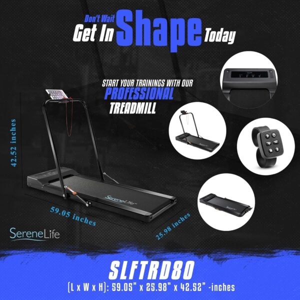 SereneLife Folding Treadmill – Foldable Home Fitness Equipment with LCD for Walking & Running – Cardio Exercise Machine – Preset and Adjustable Programs – Bluetooth Connectivity