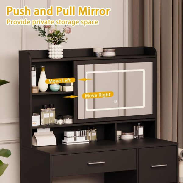 2525dbfda3a547a7aa14bf770bd13960 Vanity Desk with a Mirror and Lights,with Chair and Four Drawers, Three Adjustable Lighting Modes,with Power Outlet and Sliding LED Mirror,Bedroom Vanity Desk (White)