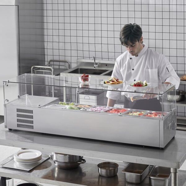 2532348450b143d5b238d20ebb137547 Refrigerated Condiment Prep Station, 135 W Countertop Refrigerated Condiment Station, with 2 1/3 Pans & 4 1/6 Pans, 304 Stainless Body and PC Lid, Sandwich Prep Table with Stainless Guard, ETL