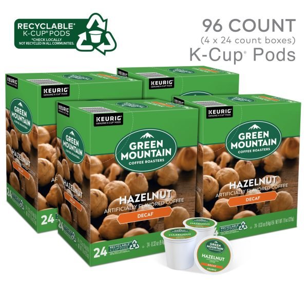 Green Mountain Coffee Roasters Hazelnut Decaf Coffee, Single-Serve K-Cup pods, Light Roast, 96 Count (4 Packs of 24)
