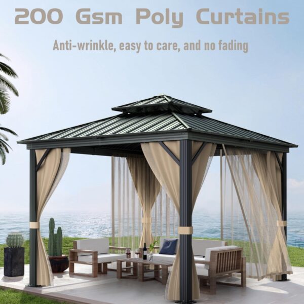 258385039fb2445b9f840cb278fd34d4 10’x10′ Hardtop Gazebo with double metal roof, aluminum frame, net, and curtain. All-weather, ideal for patio, deck, garden, backyard. Khaki.