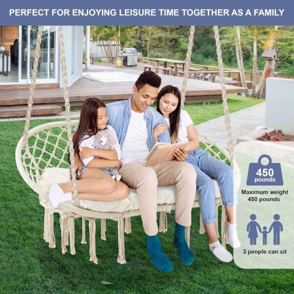 26b19bf80a794c0cb870d0ba4eb7b173 Hammock Chair Macrame Hanging Swing with Cushion,Hanging Cotton Ropes, Metal Frame, 450 lbs Capacity Indoor Outdoor, Patio, Balcony, Living,Deck, Yard, Garden(Double Swing) Beige