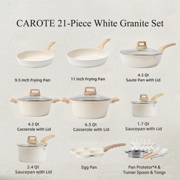 CAROTE 21Pcs Pots and Pans Set, Nonstick Cookware Sets, White Granite Induction Cookware Non Stick Cooking Set