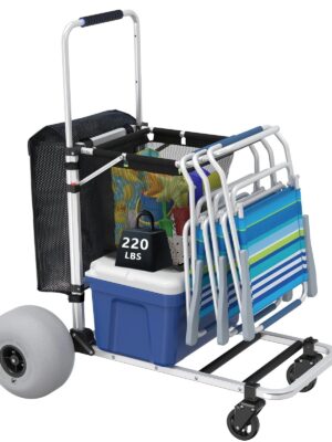GDLF Foldable Beach Cart with Adjustable Handle and 12′′ Balloon Wheels, Heavy Duty Aluminum 220LBS Capacity