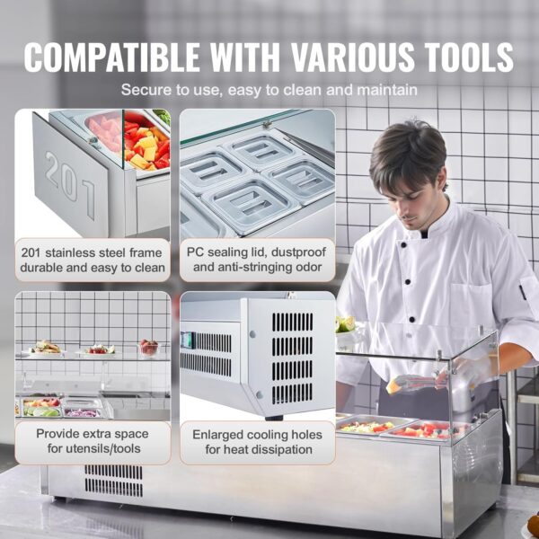 27f7fb92a0184f0c8abd72549665f2ca Refrigerated Condiment Prep Station, 135 W Countertop Refrigerated Condiment Station, with 2 1/3 Pans & 4 1/6 Pans, 304 Stainless Body and PC Lid, Sandwich Prep Table with Stainless Guard, ETL