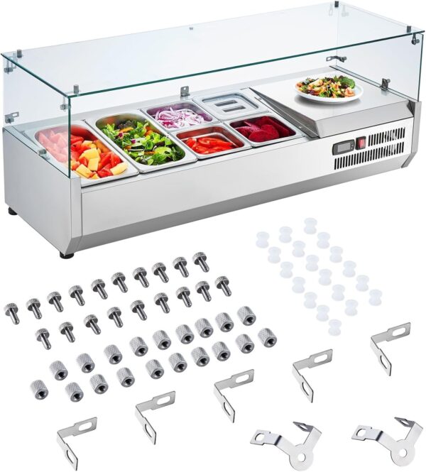 283df6d90ce64735a979df77ffed3074 Refrigerated Condiment Prep Station, 135 W Countertop Refrigerated Condiment Station, with 2 1/3 Pans & 4 1/6 Pans, 304 Stainless Body and PC Lid, Sandwich Prep Table with Stainless Guard, ETL