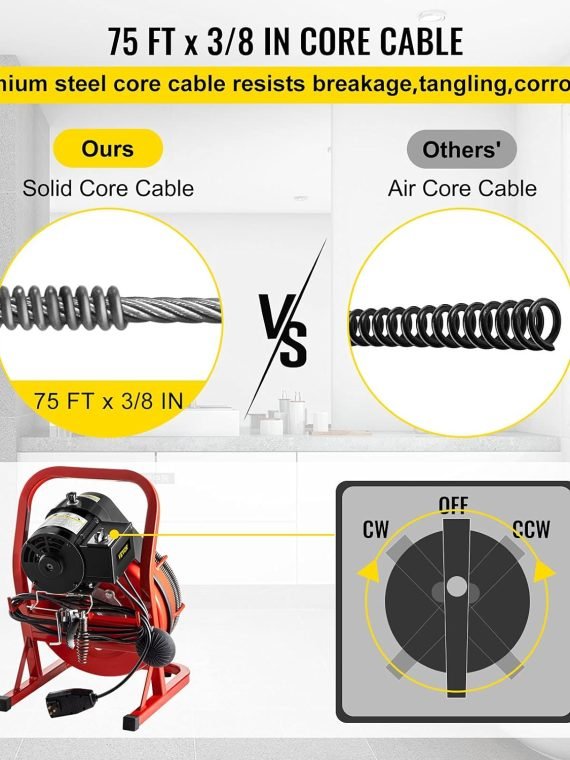 Electric Drain Cleaner Machine by [Brand], 75 Ft x 3/8 Inch, Fits 1-4 Inch Pipes, Portable with 4 Cutters, Powerful Plumbing Tool for Clogs