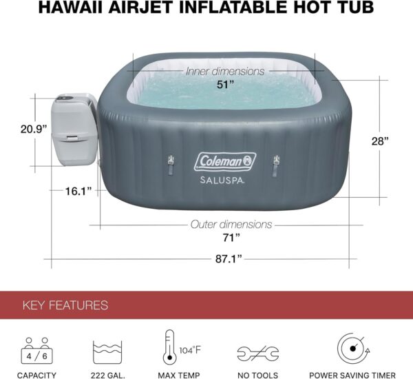285fdb743eb24a8f850fecf8e0d8ff60 4 to 6 Person Inflatable Hot Tub Square Portable Outdoor Spa with 114 Soothing AirJets and Insulated Cover, Gray-Coleman