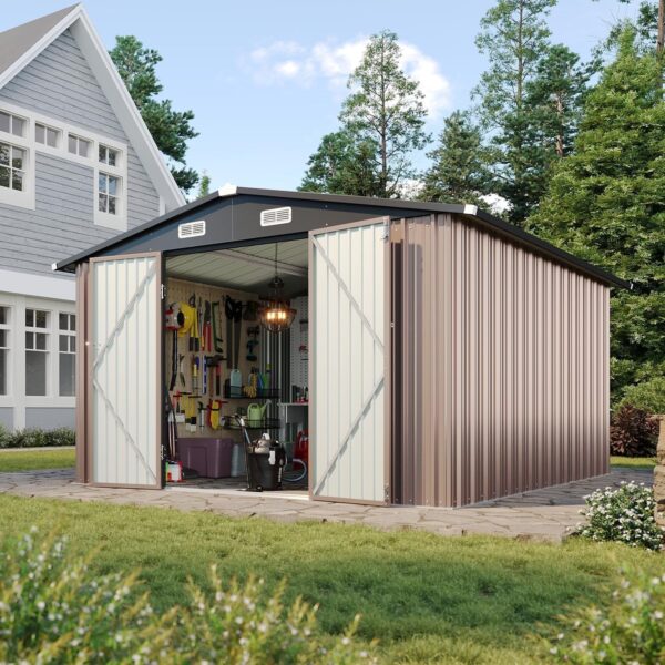29086f0763854b469ad60176517267d0 Aoxun 6.2×4 FT Shed Outdoor Storage Shed Metal Garden Shed with Lockable Doors & Slooping Roof Tool Shed Bike Shed for Backyard, Patio, Poolside (Brown)