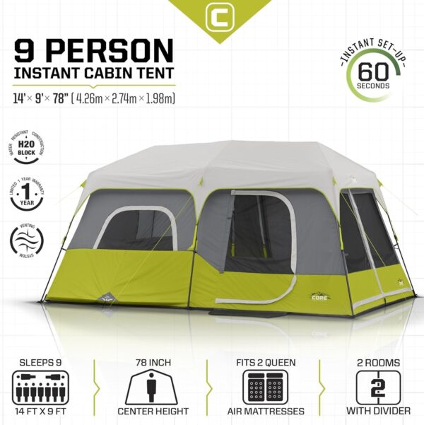 Core 9 Person Instant Cabin Tent – 14′ x 9′, Green (40008)
