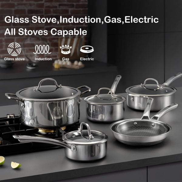 SNOWCLAD Pots and Pans set non stick, 10 pcs Hybrid Stainless Steel Cookware Sets, non stick Frying Pans