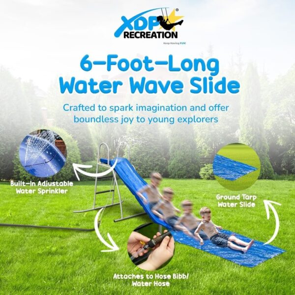 2a74f06fd6544586aae27fe27c72a9ac XDP Recreation 6 Foot Water Wave Slide with Built In Adjustable Sprinkler, Freestanding with Ground Pad and Hose Extension for Lawn Fun, Ages 3 to 8