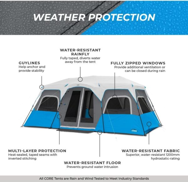 CORE Instant Cabin Tents with LED Lights | 6 Person / 9 Person / 12 Person Family Multi Room Lighted Pop Up Tents for Camping | Included Storage Pockets for Camping Accessories