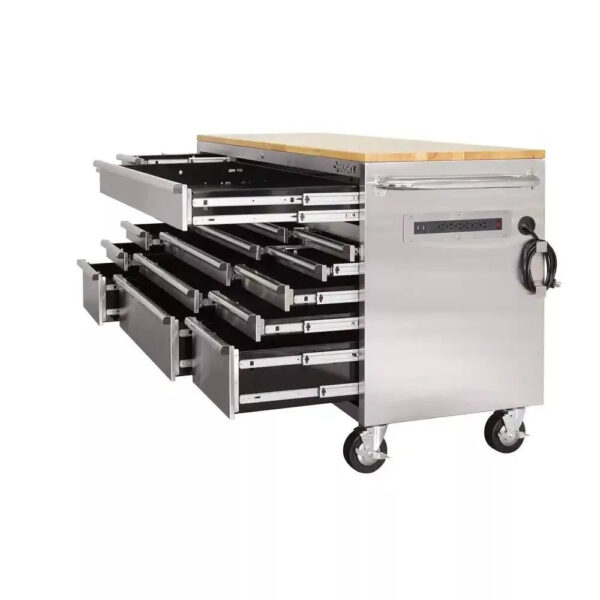 2b429993d9874061b87d31db0bd25643 72 in 18-Drawer 24 in. D Mobile Workbench with Solid Wood Top Stainless Steel