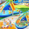 Inflatable Water Slides for Kids 8-in-1 Bounce House Water Park with 450W Blower Climbing Wall, Splash Pool, 2 Water Cannons, Basketball Hoop, Water Slide, Crocodile Sprinkler for Gift Backyard Party