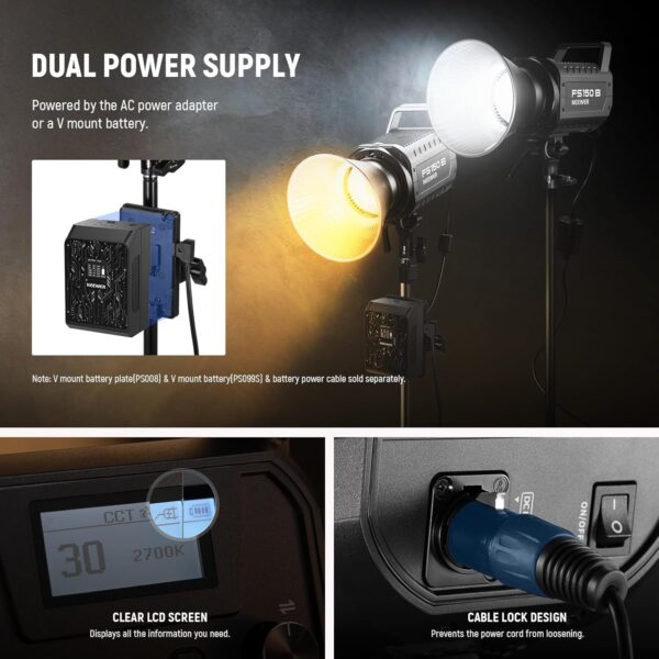 130W RGB LED Video Light APP/2.4G Control 17 Effects, 2500-7500K 19800lux/1m COB Continuous Lighting Output with CRI97/TLCI98 4 Dimming Curves, Spotlight for Studio Shoots, FS150C