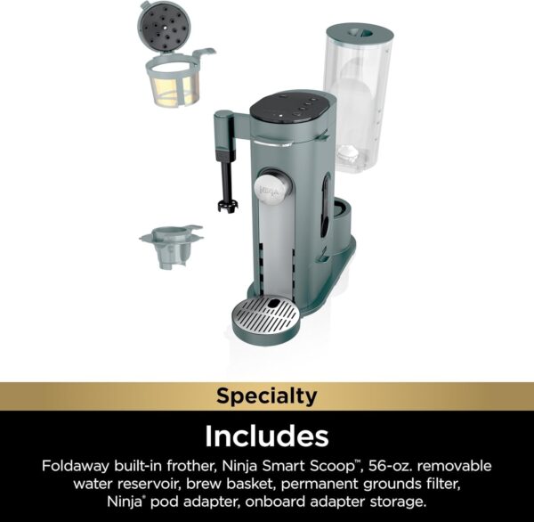 Ninja Pod & Grounds Specialty Single-Serve Coffee Maker, K-Cup Pod Compatible, Brews Grounds, Compact Design, Built-In Milk Frother, 56-oz. Reservoir, 6-oz. Cup to 24-oz. Mug Sizes, Stone, PB051ST