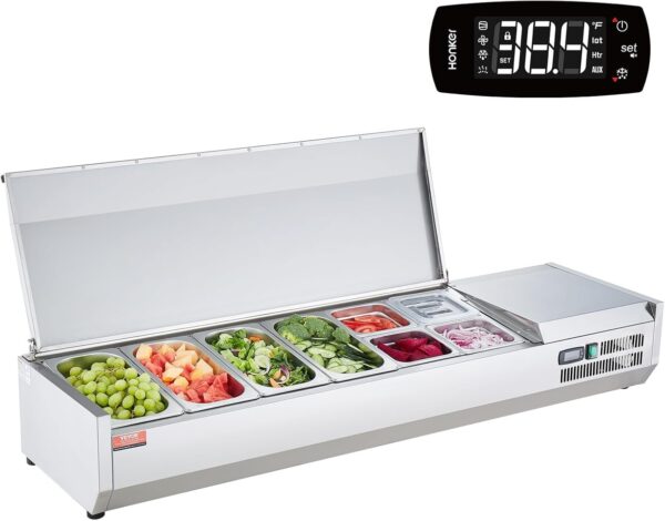 2d27305999114976a70b1338d63a0d39 Refrigerated Condiment Prep Station, 135 W Countertop Refrigerated Condiment Station, with 2 1/3 Pans & 4 1/6 Pans, 304 Stainless Body and PC Lid, Sandwich Prep Table with Stainless Guard, ETL