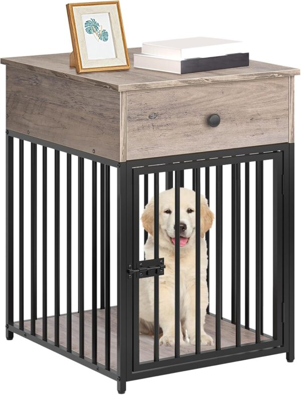 HOOBRO Dog Crate Furniture, Wooden Dog House, Decorative Dog Kennel with Drawer, Indoor Pet Crate End Table for Small Dog, Steel-Tube Puppy Cage, Chew-Proof, Rustic Brown and Black BF01GW03