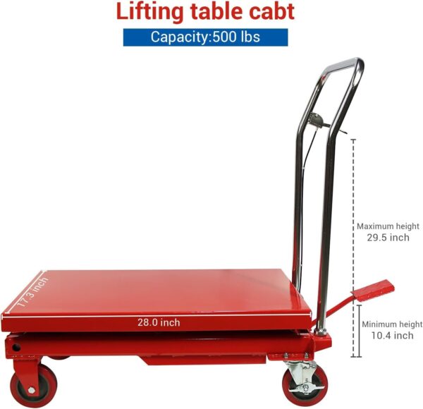 500LBS Hydraulic Lift Table Cart, 30′′ Lifting Height., Double Scissor Lift Table with 4 Wheels and Non-Slip Pad, Hydraulic Scissor Lift Table for Material Handling and Transportation