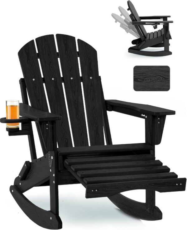 2ec03e936eab442c9ef648a40a5877cd Folding Adirondack Rocking Chair,4-in-1 Multifunctional Patio Chair with Retractable Ottoman, Outdoor Chair Wood Texture, Lawn Chair for Porch, Backyard, Pool(Grey)