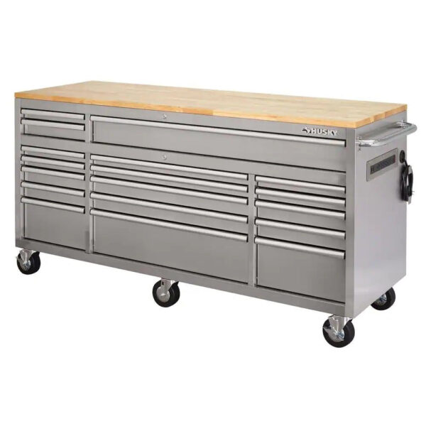 2edbc5b026c1409995332a68fd09d0fa 72 in 18-Drawer 24 in. D Mobile Workbench with Solid Wood Top Stainless Steel