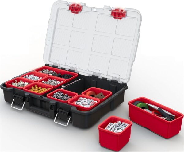 Keter Stack-n-Roll Modular Tools Organizer for Garage Storage and DIY, 3 Piece Resin Rolling Tool Box System for Small Parts