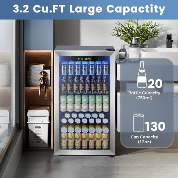 Mini Fridge 130 Can Beverage Refrigerator Cooler, 3.2 Cu.Ft Drink Fridge for Soda Wine Beer, Adjustable Temperature Control for Home Office, Black