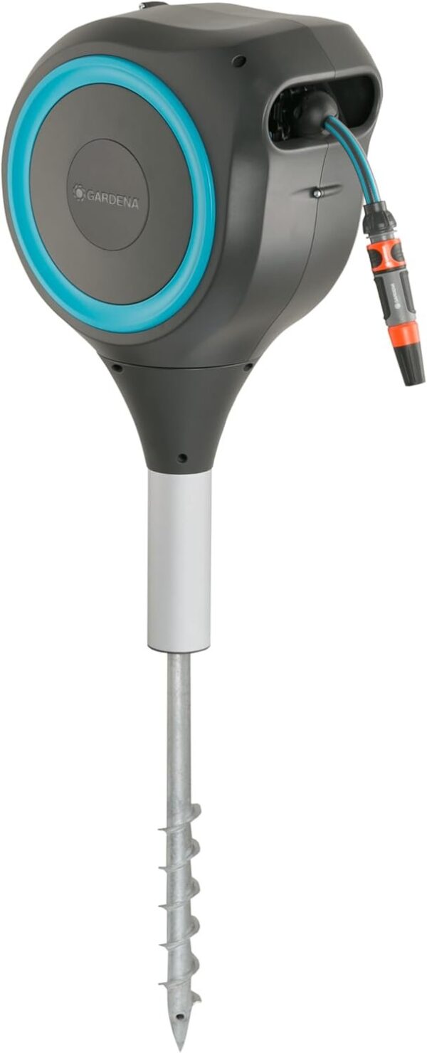 GARDENA (18614-80) 66′ x 1/2′′ Automatic Retractable Garden Hose Reel on Metal Spike, 66′ Outside Garden Hose Length, with 360° Rotation to Reach All Areas of Your Yard