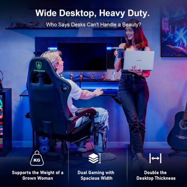GTRACING 55 Inch Gaming Desk with LED Lights, Computer Gamer Desk with Monitor Stand, Ergonomic Carbon Fiber Surface Gaming Table with Mouse Pad for Home Office, RGB