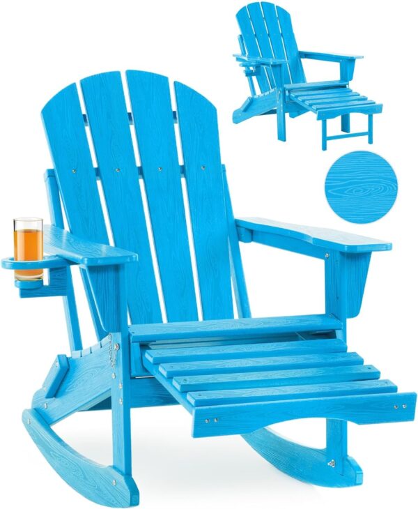 3017179660884d7a9fc3482206b11852 Folding Adirondack Rocking Chair,4-in-1 Multifunctional Patio Chair with Retractable Ottoman, Outdoor Chair Wood Texture, Lawn Chair for Porch, Backyard, Pool(Grey)