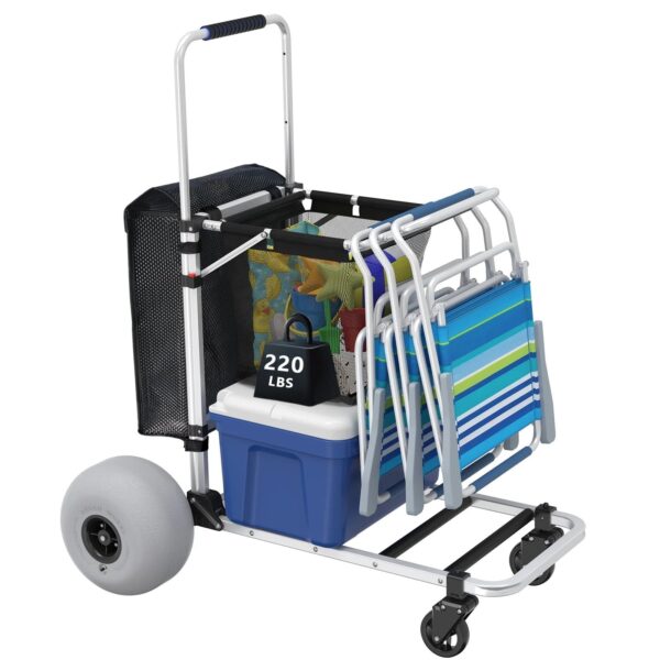 GDLF Foldable Beach Cart with Adjustable Handle and 12′′ Balloon Wheels, Heavy Duty Aluminum 220LBS Capacity