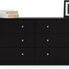 3-Pc Scandinavian Design Engineered Wood Bedroom Furniture Set with 3-Drawer Chest & 6-Drawer Double Dresser & 1-Drawer Nightstand, Pewter Plastic Handles, Smooth Plastic Glides, in Black