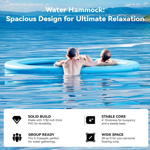 318bd35df8644e39a7d0dac4b2200f2e Round Inflatable Floating Dock, Sunchill Float Ring, Hammock Tanning Pool with 4in Woven Fabric, Manual Pump for 1-2 Min Quick Inflate/Deflate, Fits 2-8, Ideal for Lakes, Pools, Oceans