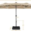 15 ft Large Patio Umbrella with Solar Lights Double-Sided Outdoor Rectangle Market Umbrellas with 36 LED Lights/Base Included/Easy Crank for Patio Garden Yard Pool Lawn, Brown