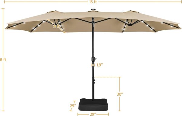 3194de9f72fb49cf8e66680b58181f8e 15 ft Large Patio Umbrella with Solar Lights Double-Sided Outdoor Rectangle Market Umbrellas with 36 LED Lights/Base Included/Easy Crank for Patio Garden Yard Pool Lawn, Brown