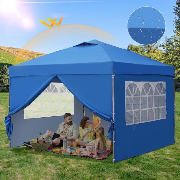 31e8e84558014f16a17853f9b571394e GDY 10×10 Pop Up Canopy Tent, Outdoor Canopy Tent, Patio Tent,Commercial Instant Gazebos,4 Sidewalls, Portable Shelter Canopies, with 4 sandbags, Blue.